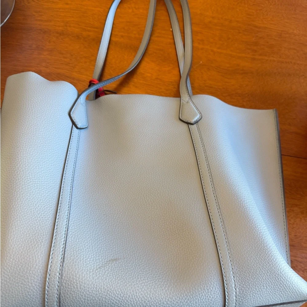 Tory Burch Light Blue Leather Tote with Red Accent Tag